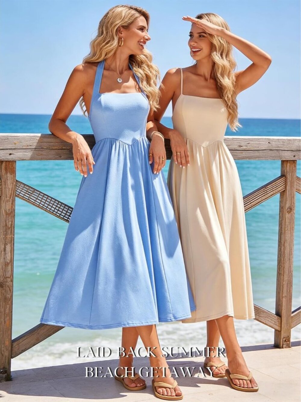 Women's Blue Sleeveless Halter Sleeveless Drop Waist Corset Midi Dress Swing - Picture 2 of 6